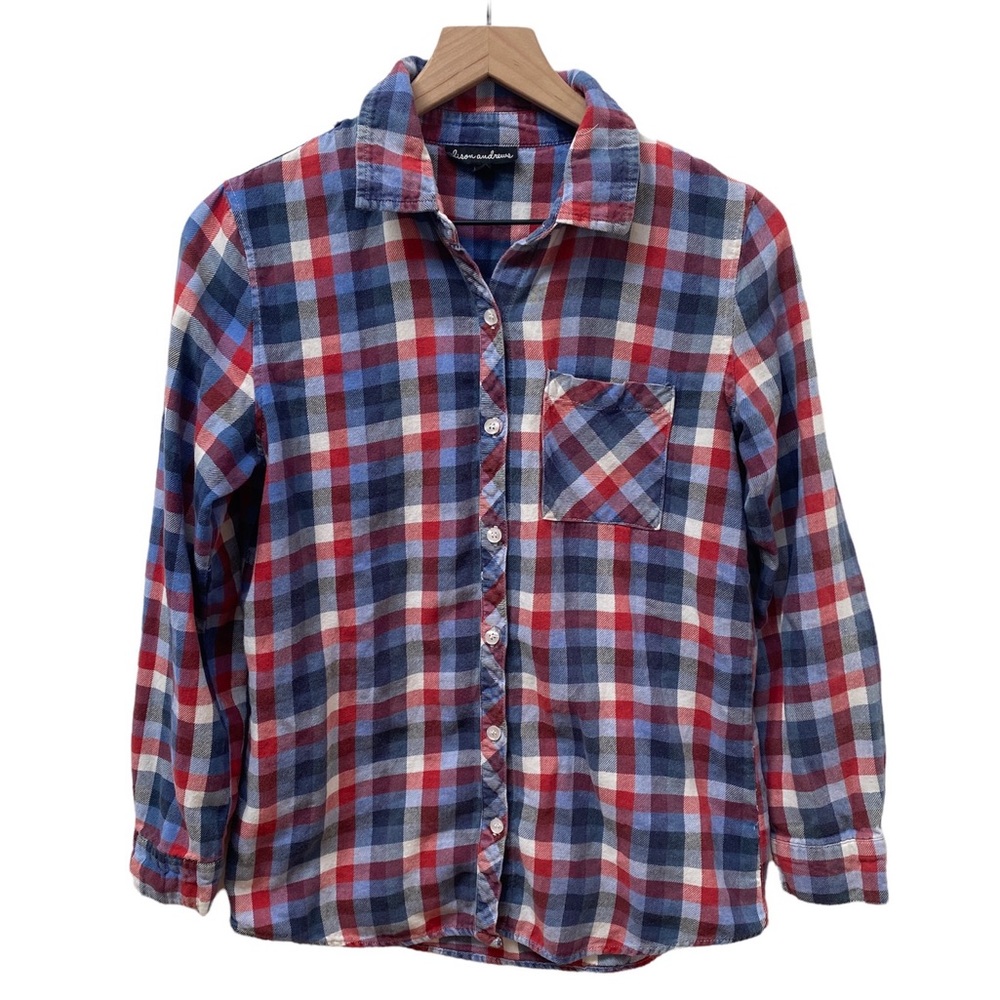 Alison Andrews Blue/Red/White Plaid 100% Cotton Button Down Shirt Women’s Size S